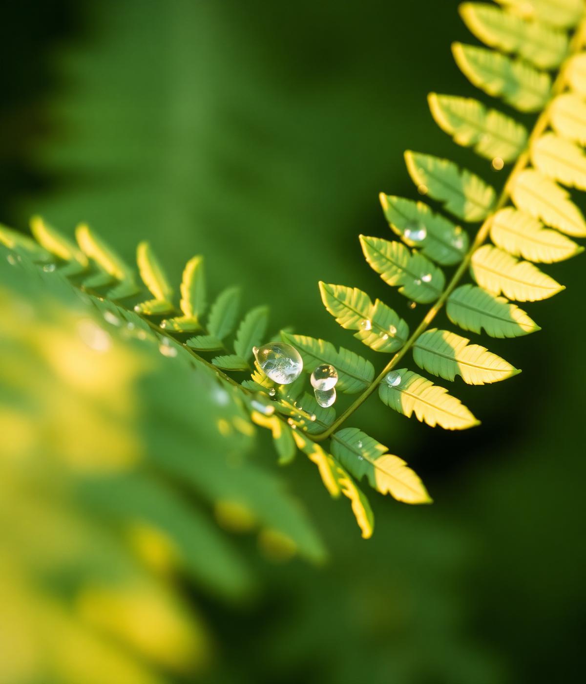 Close-up of a fern leaf with dewdrops